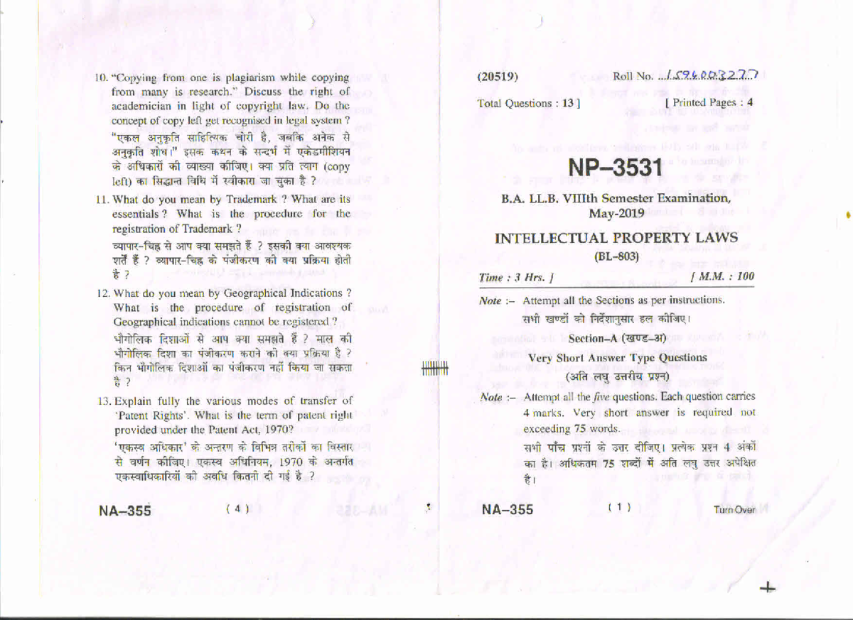 Intellectual Property Laws Exam Notes (B.A. LL.B. 2019) - Studocu
