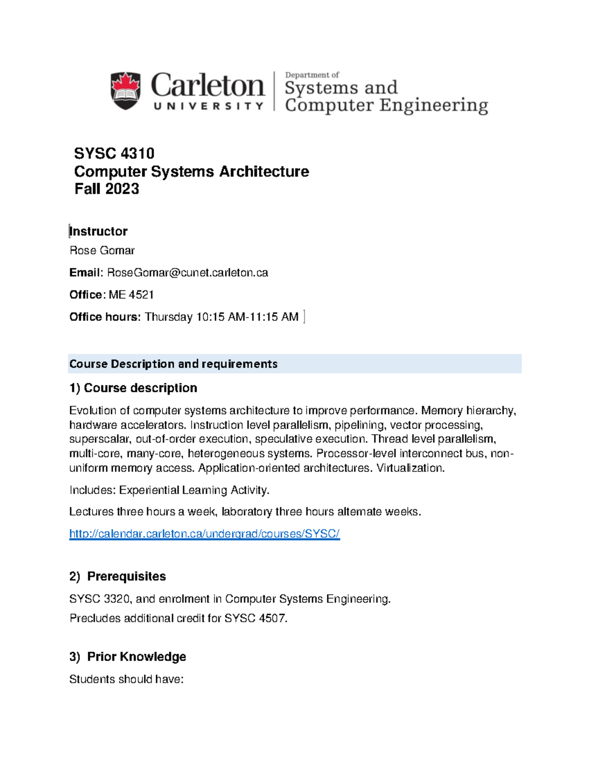 SYSC4310 Course Outline: Computer Systems Architecture - Fall 2023 ...