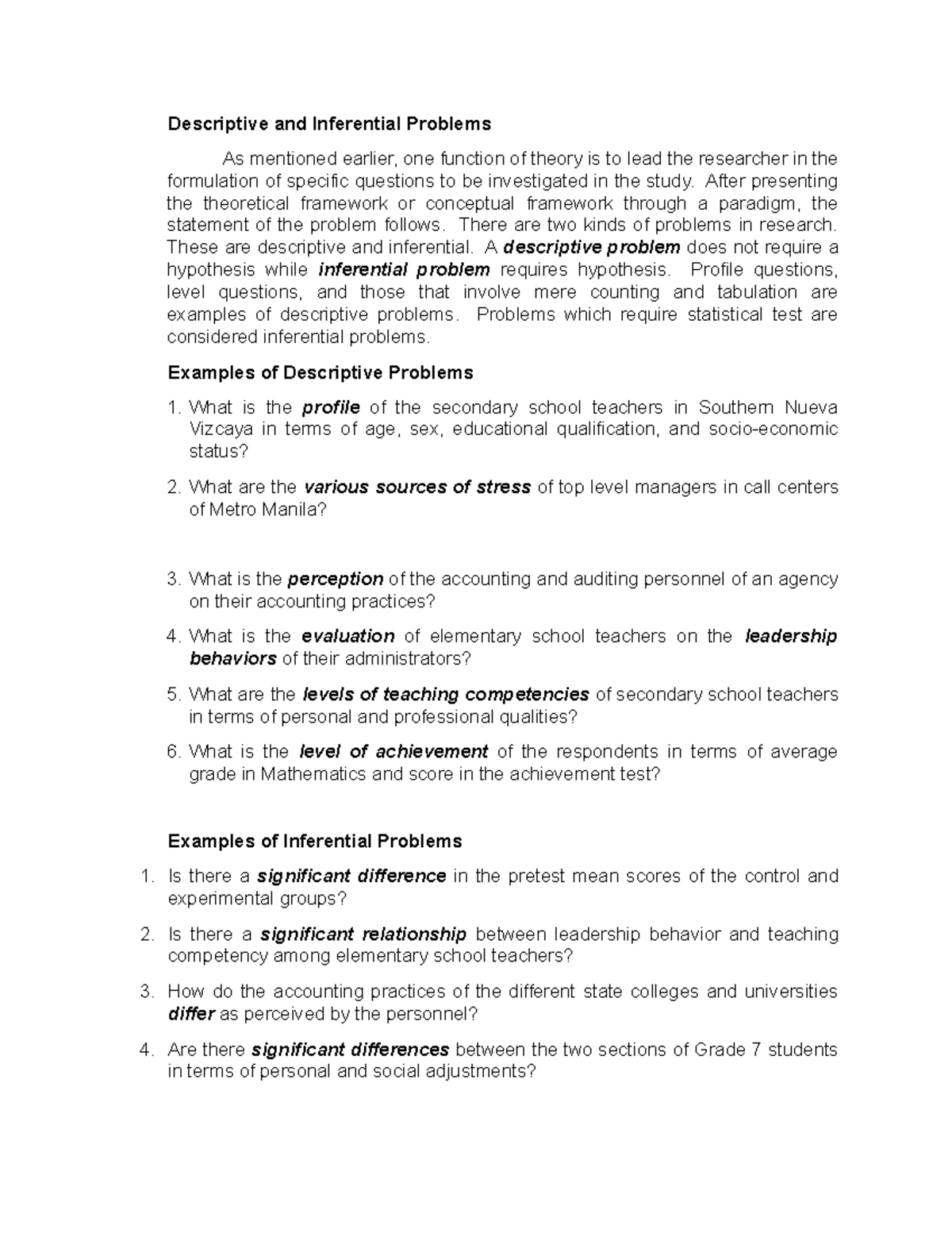 Descriptive and Inferential Research Problems in Education Analysis ...