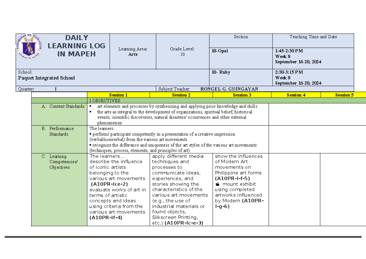 Arts 10 Q1 - week 2 - sRGEJ - DAILY LEARNING LOG IN MAPEH Learning Area ...