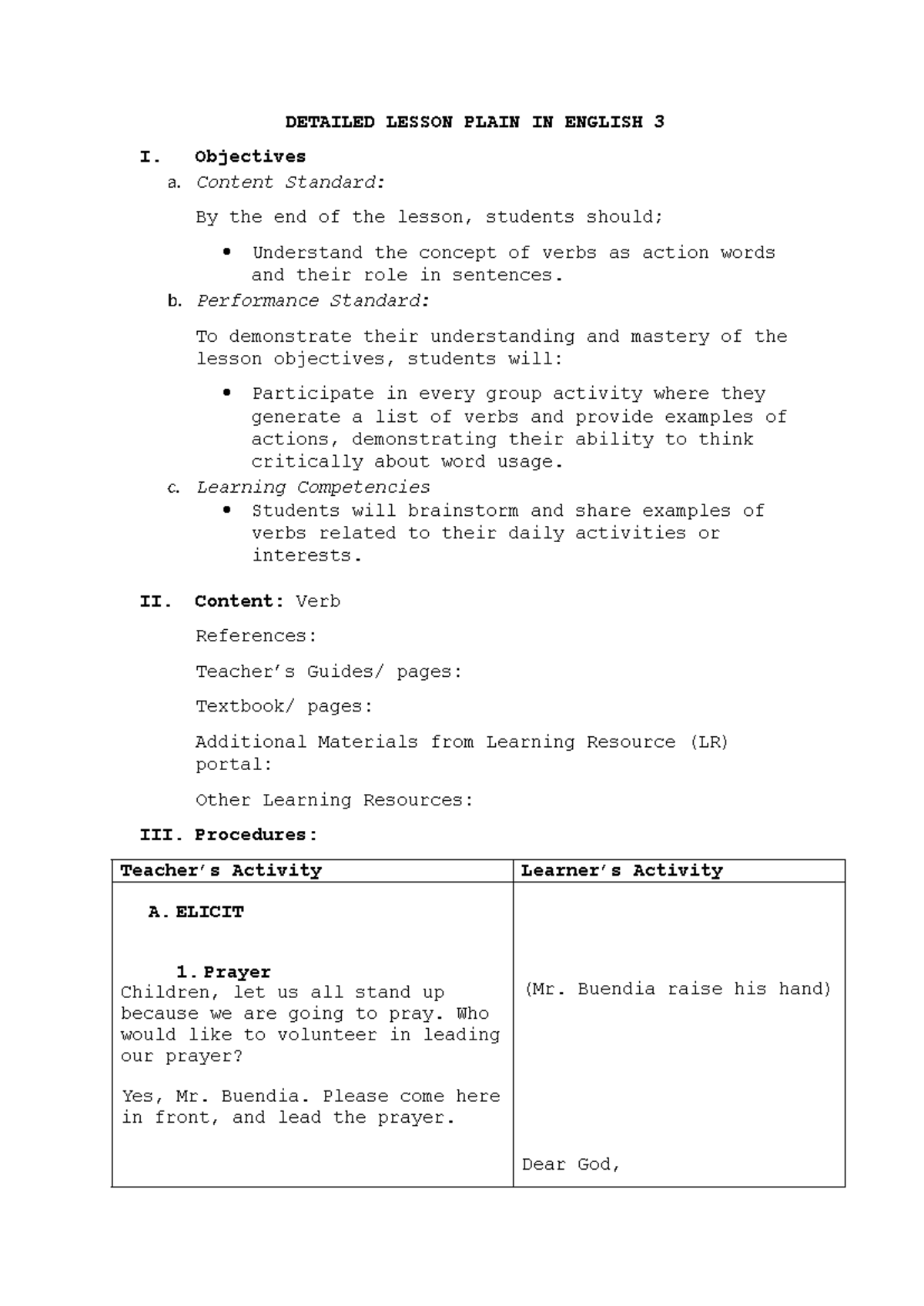 Detailed Lesson Plan on Verbs for English 3 - Studocu