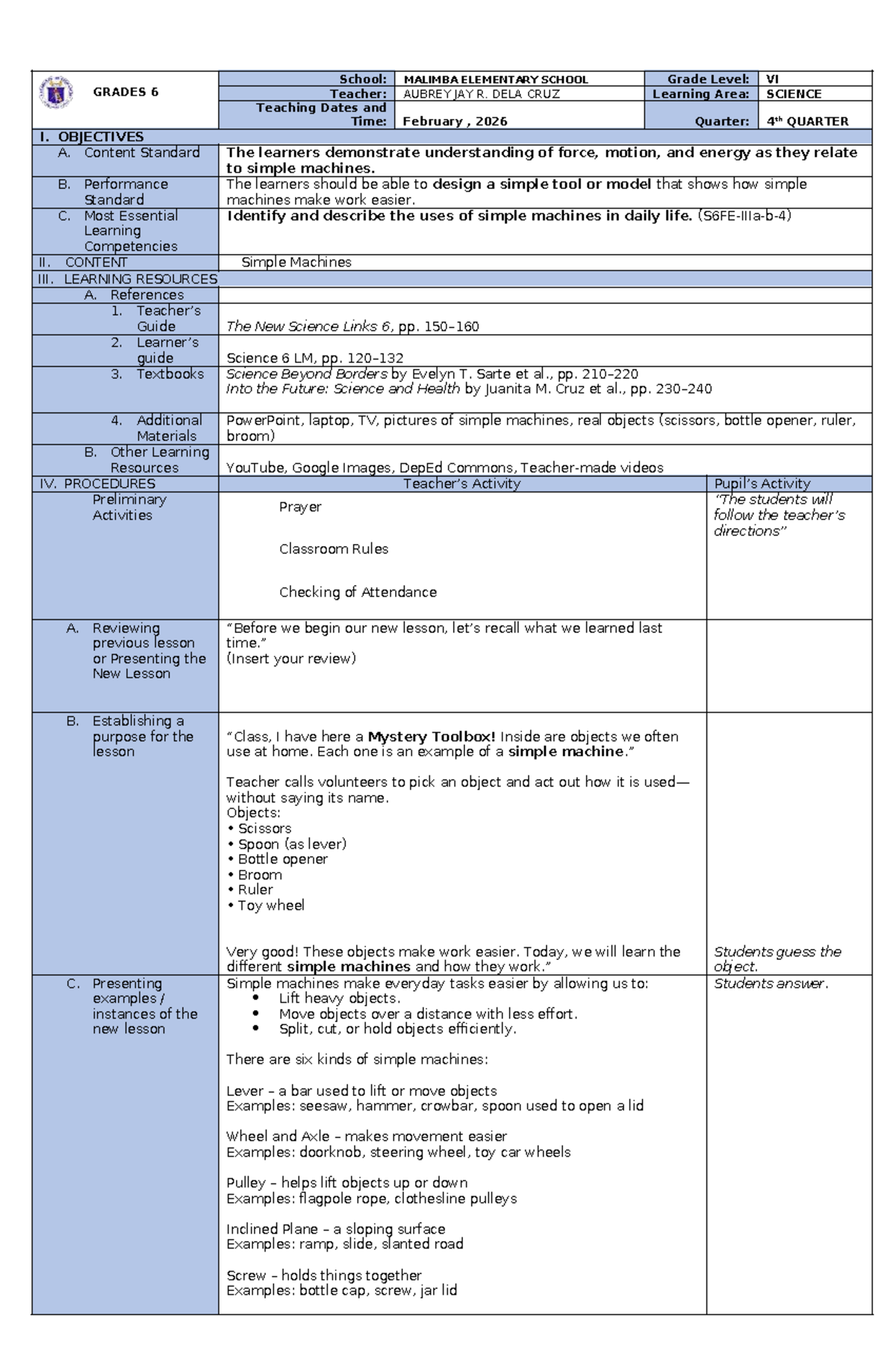 AJ-ELEM G6- DEMO-LP Science Lesson Plan on Simple Machines - Studocu