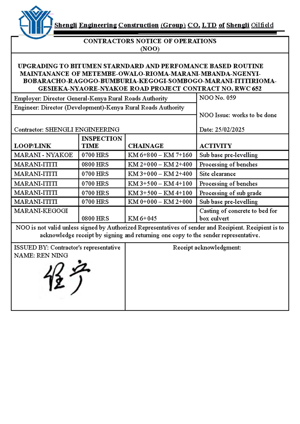 CONTRACTORS NOTICE OF OPERATIONS (NOO) RWC 652 - UPGRADING TO BITUMEN ...