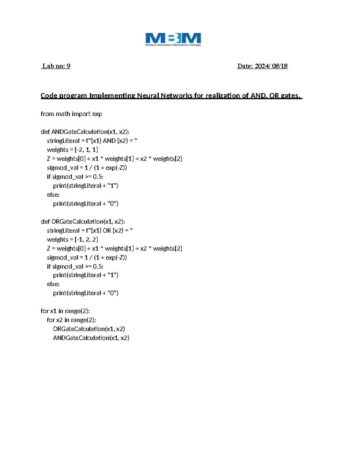 AI LAB 9 - done practical - Lab no: 9 Date: 2024/ 08/ Code program ...