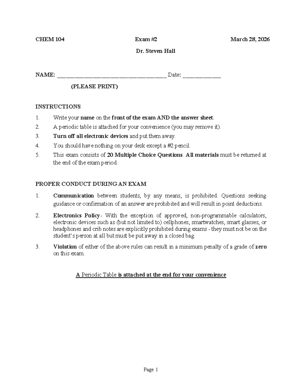 CHEM 104 Exam March 28, 2026 - Instructions & Questions - Studocu