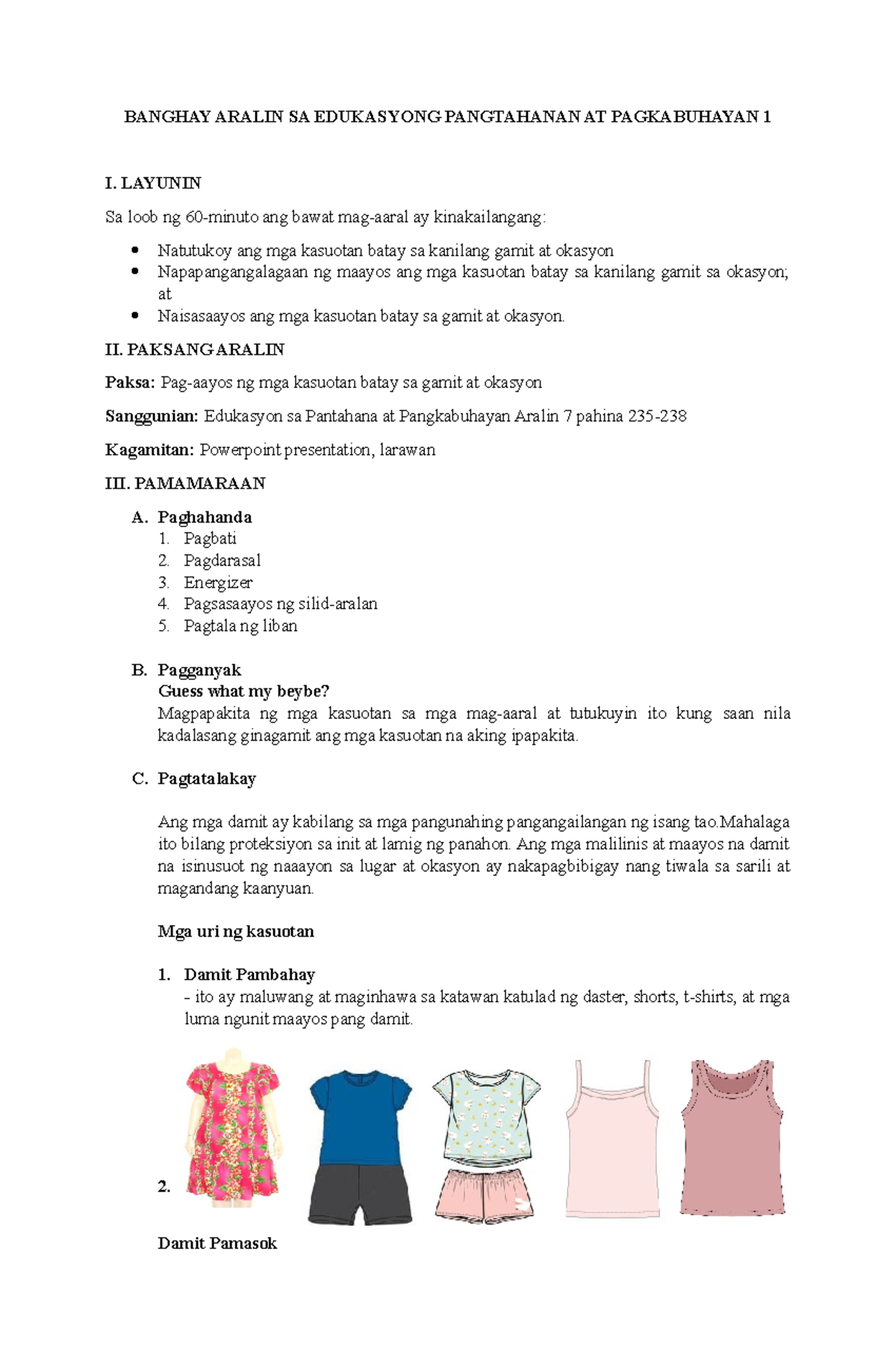 EEP Lesson Plan: Pag-aayos ng mga Kasuotan ayon sa Gamit at Okasyon - Document Preview