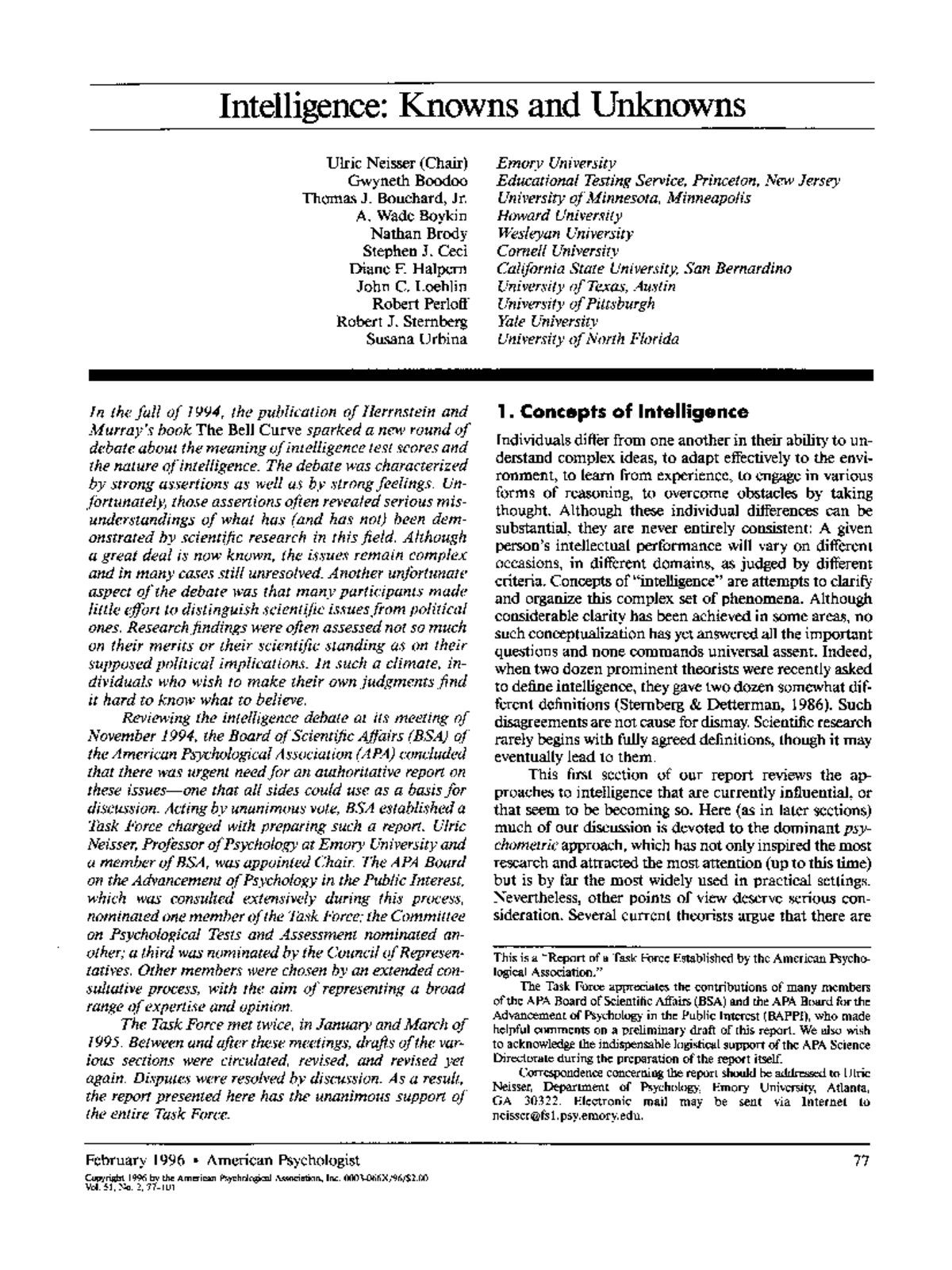 Neisser (1996) Excerpt: Intelligence - Key Insights and Debates - Studocu