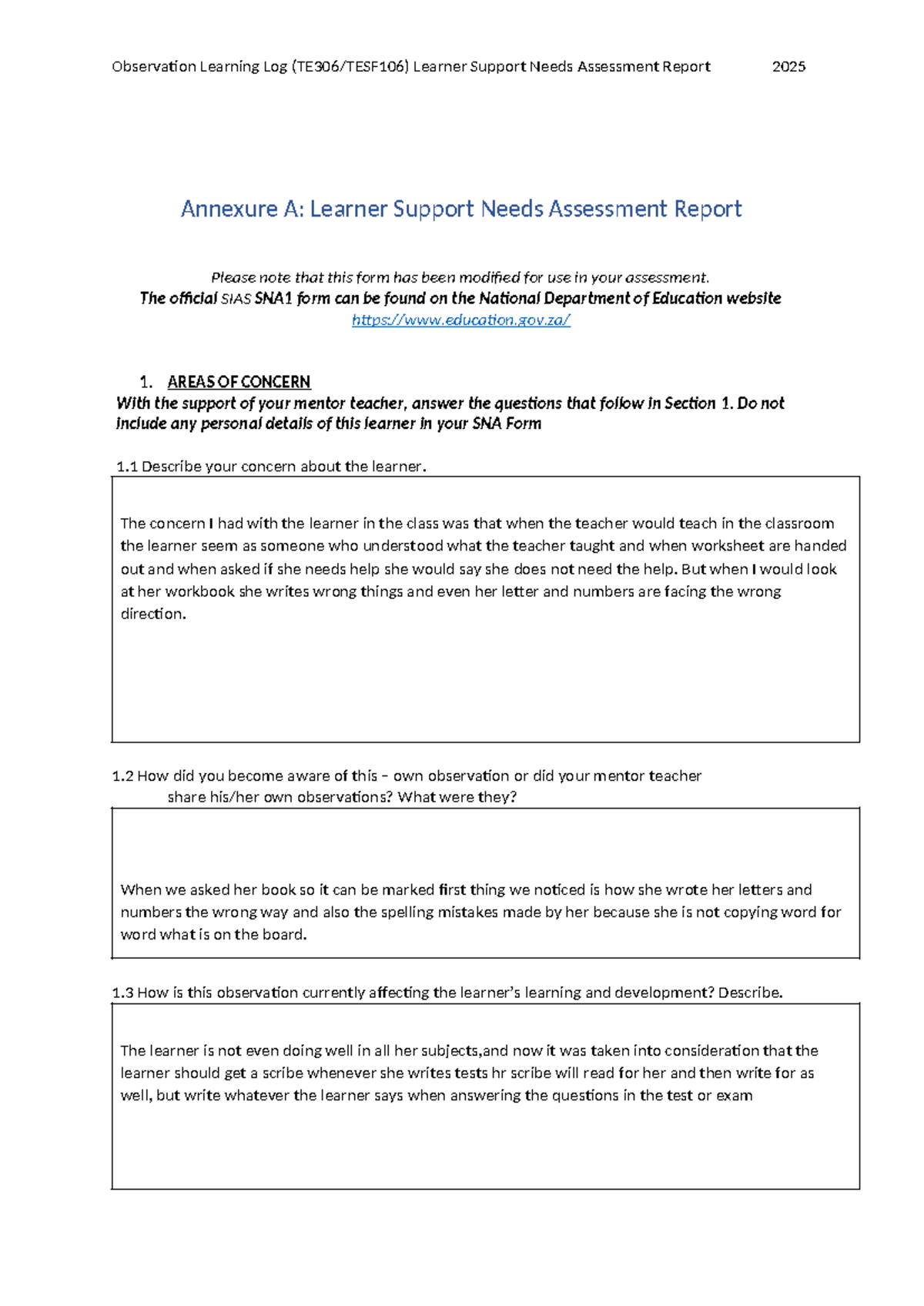 ST10045719 GR2 Observation Learning Log: Learner Support Needs ...