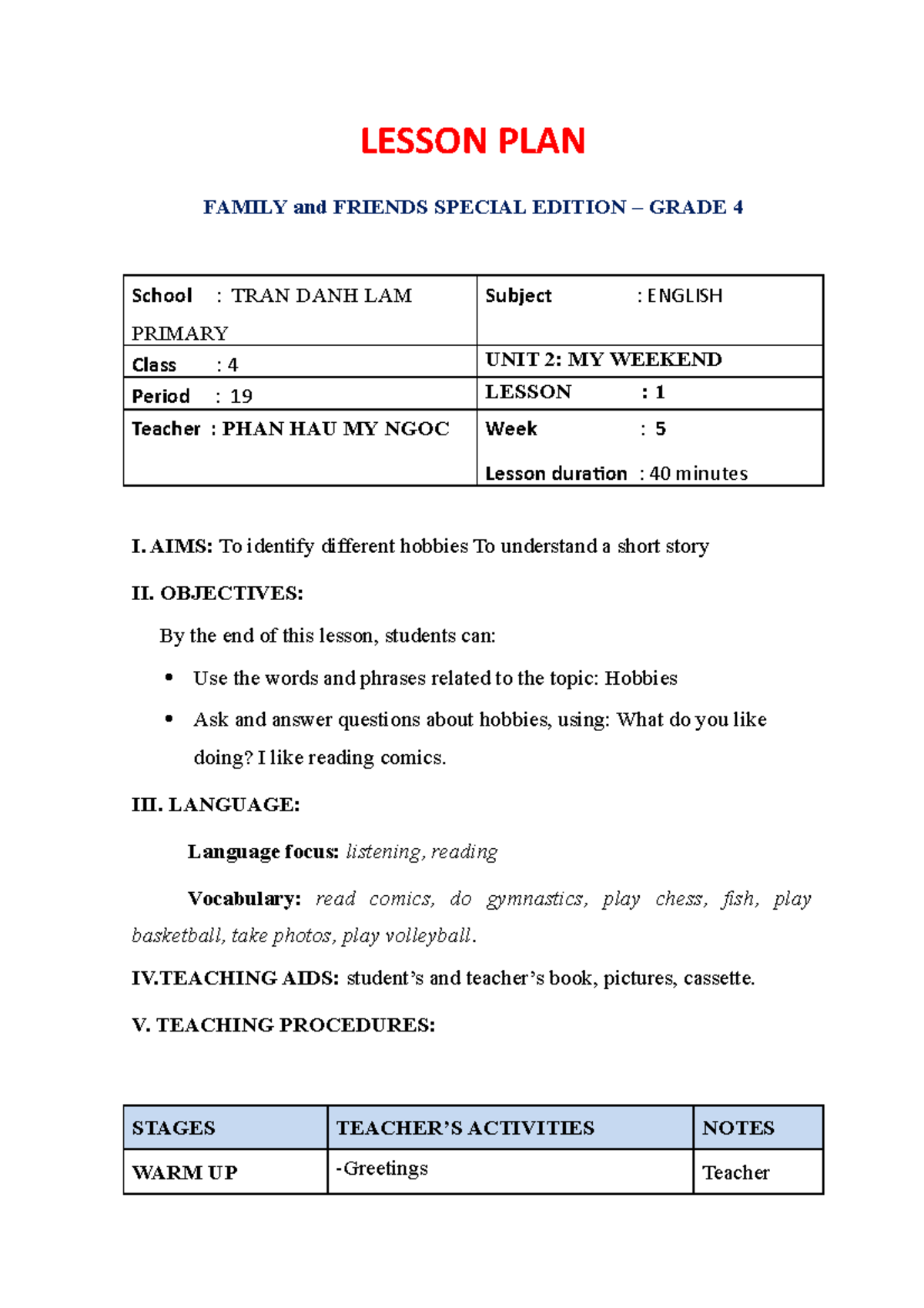 Lesson Plan: Grade 4 - Weeks 5 to 8 for Unit 2 My Weekend - Studocu