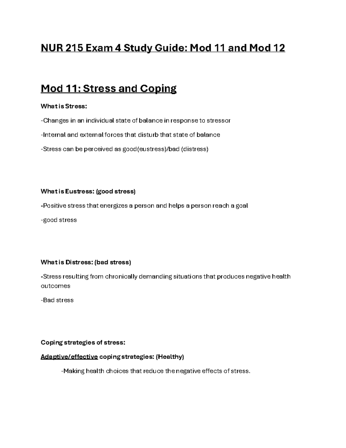 NUR 215 Exam 4 Study Guide: Key Concepts from Mod 11 & Mod 12 - Studocu