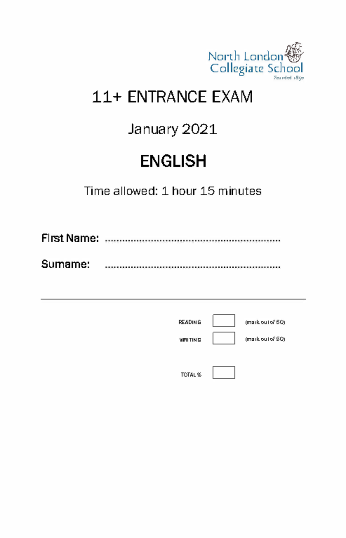 North London Collegiate School 11+ English Entrance Exam 2021 - Studocu