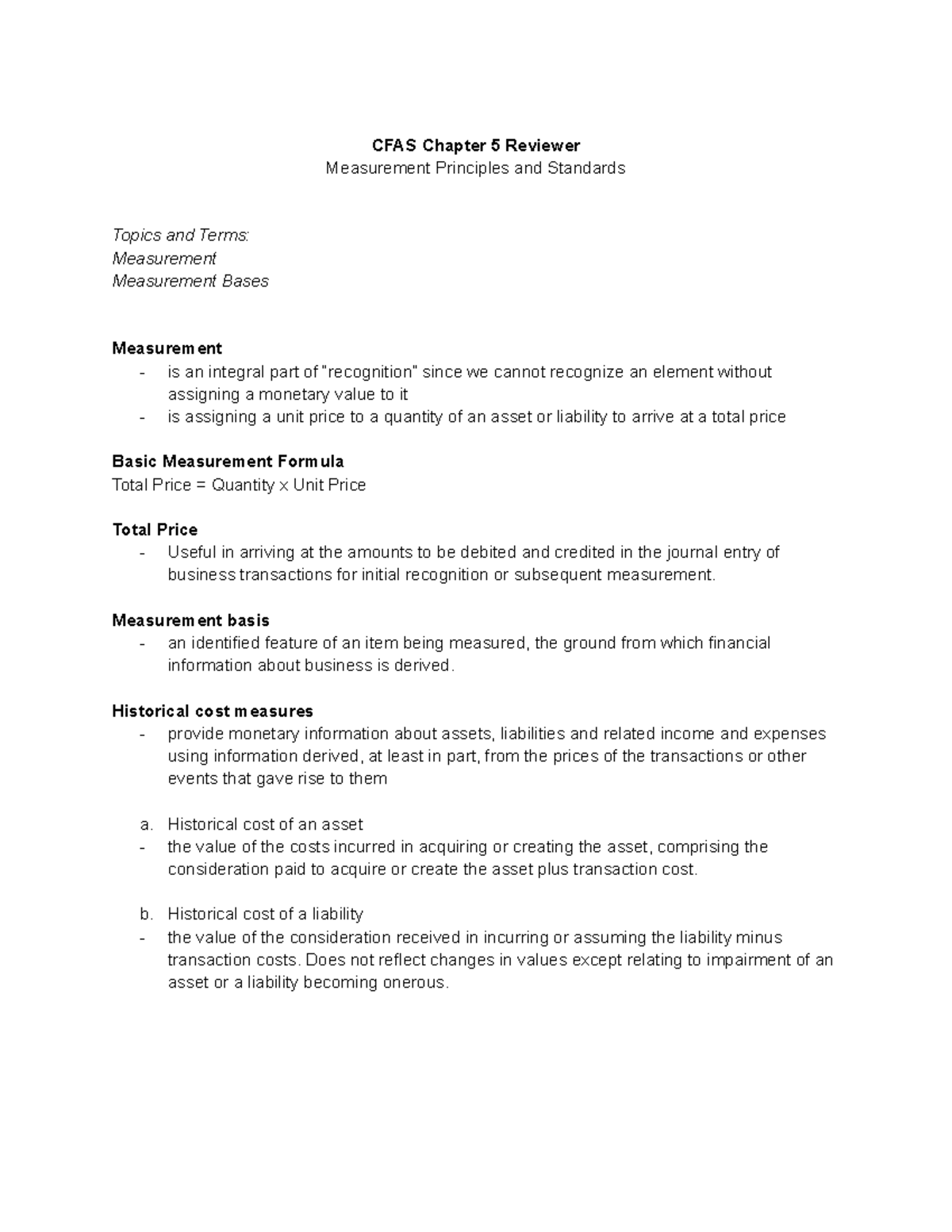 CFAS Chapter 5 Reviewer: Measurement Principles & Standards - Studocu