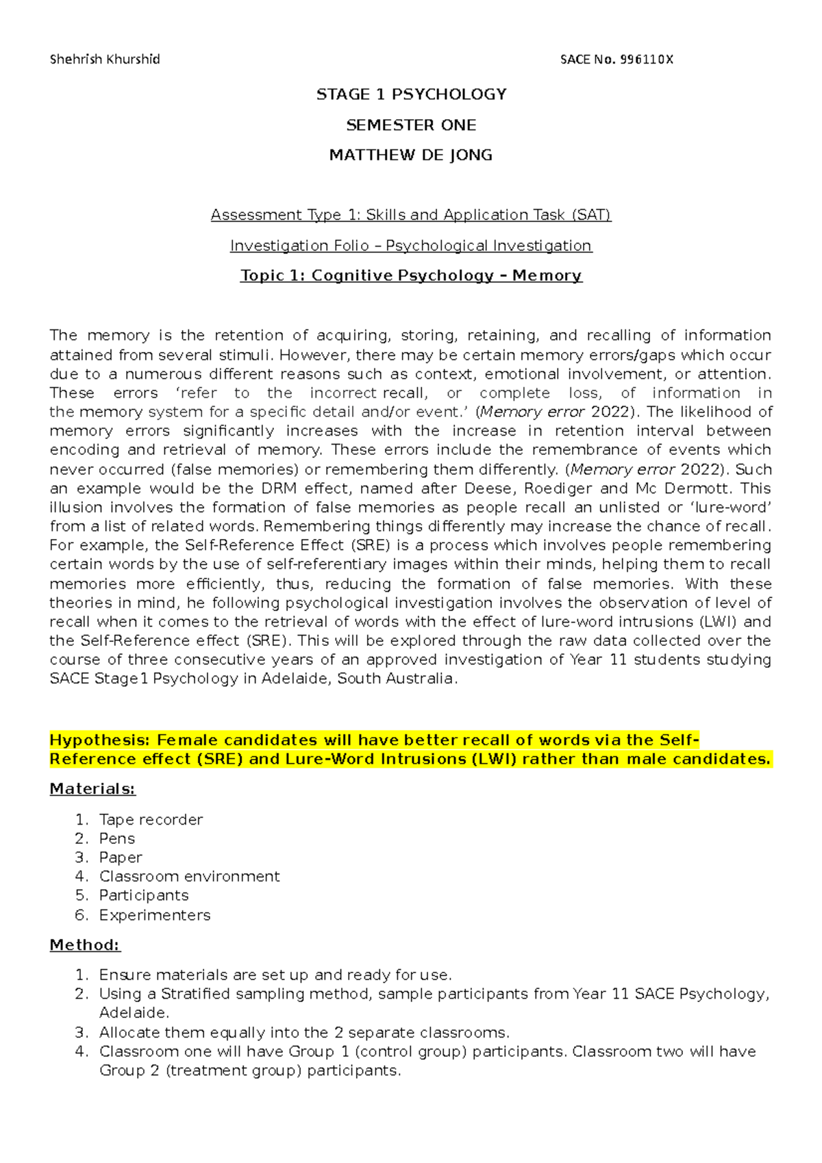 Stage 1 Psychology - Memory Retrieval and Gender Differences Analysis ...