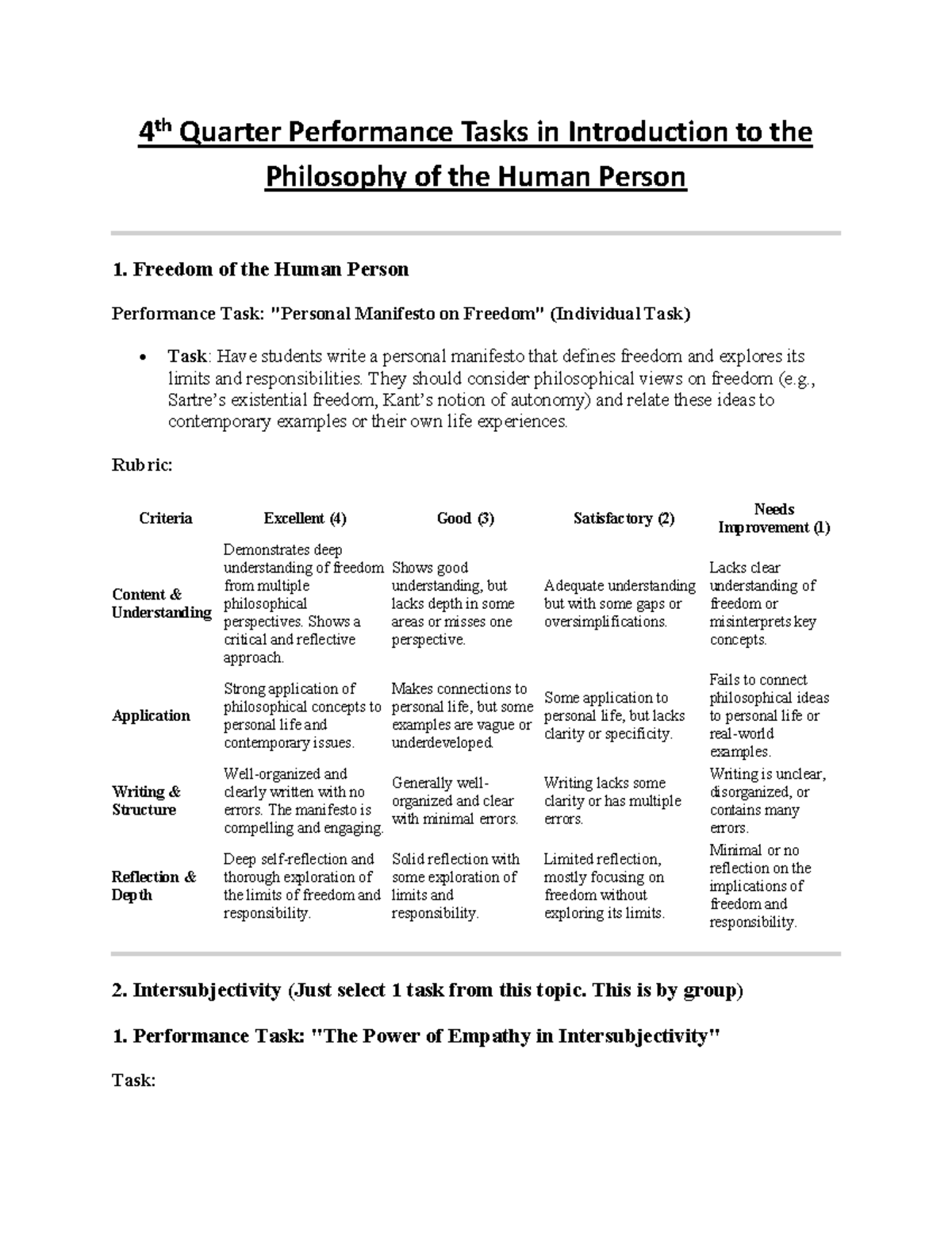 872097441 4th Quarter Performance Tasks: Philosophy of the Human Person ...