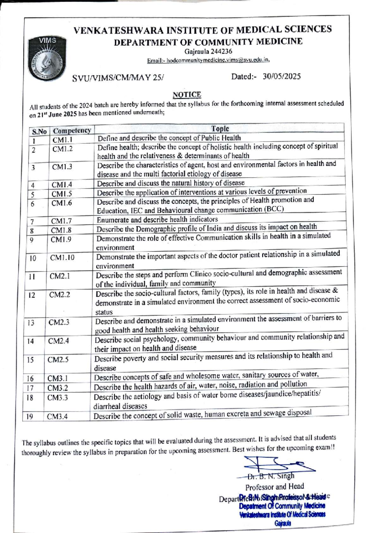 Community Medicine Syllabus for 2024 Batch - Internal Assessment Notice ...