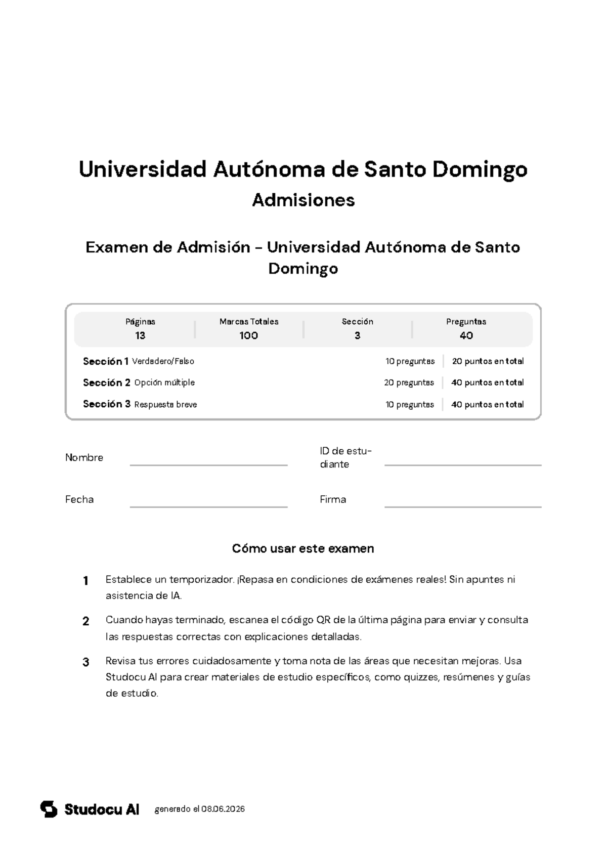Examen de Admisión - UASD - Document Preview