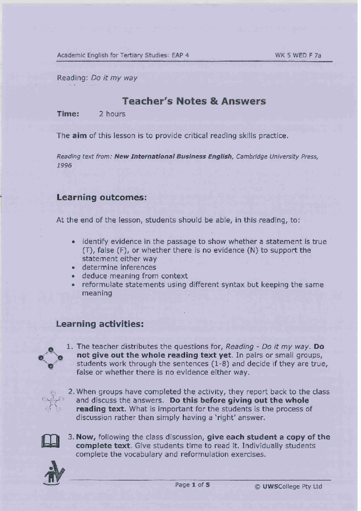 Answers Practice Reading - Do it my way - Academic English for Tertiary ...