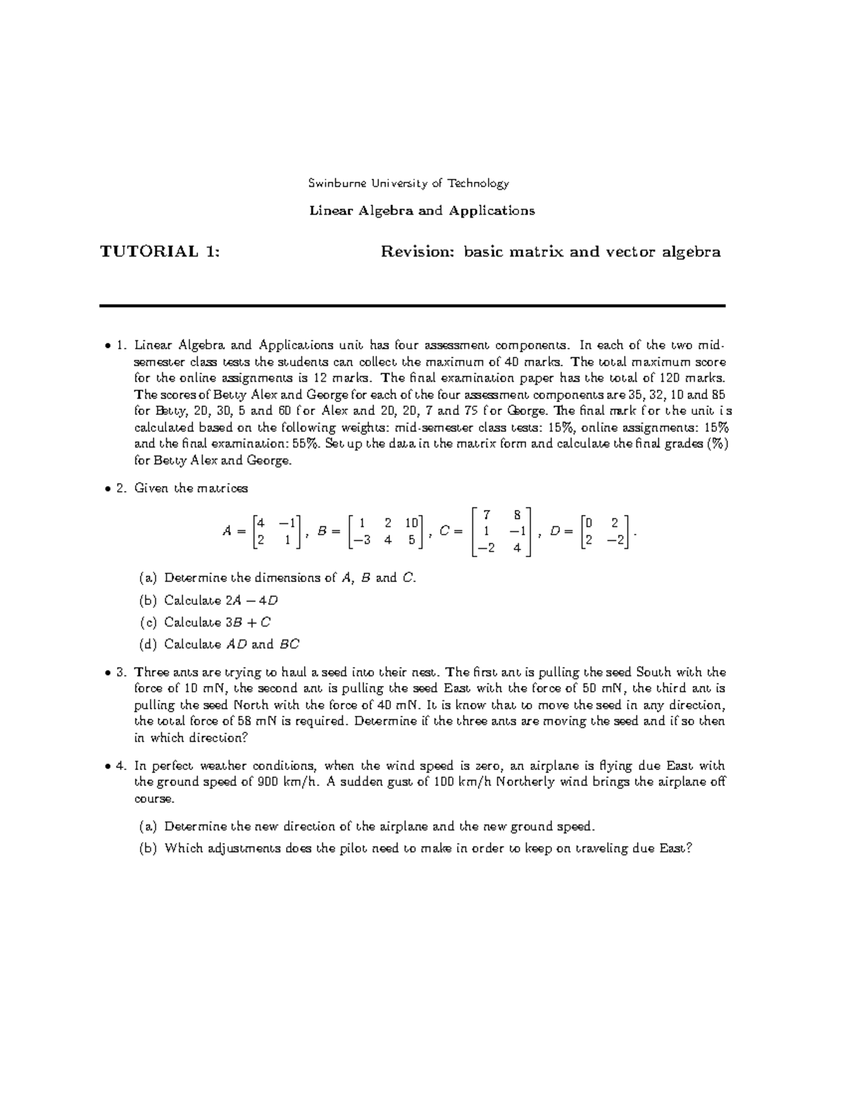 Mytut 1 Solutions - Linear Algebra and Applications TUTORIAL 1 - Studocu