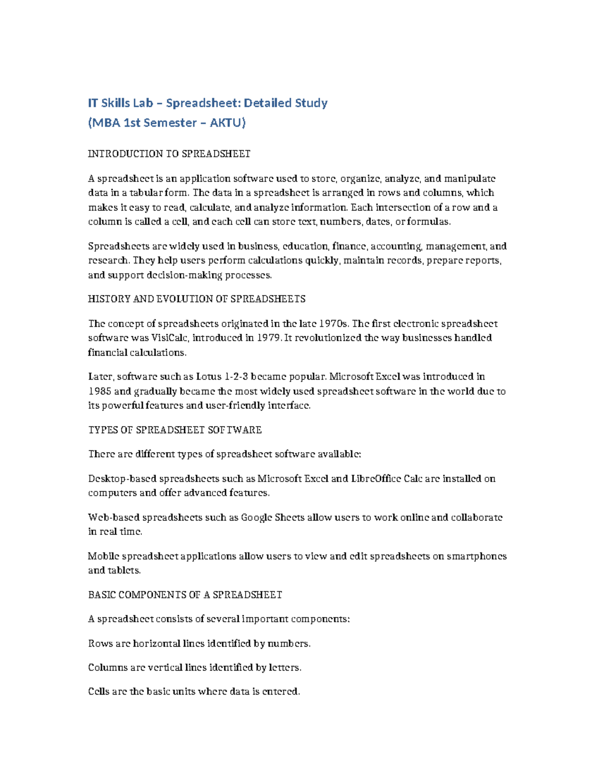 MBA IT Skills Lab: Comprehensive Guide to Spreadsheets (1st Sem) - Studocu