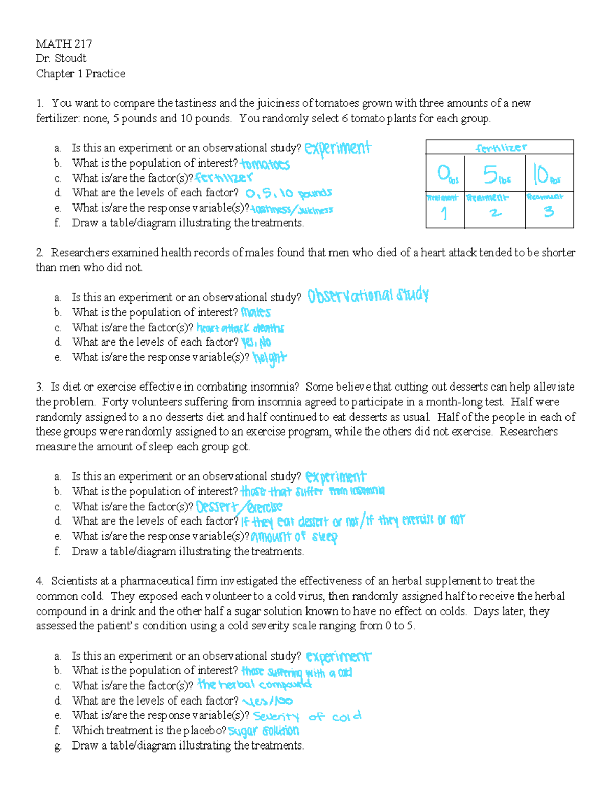 MATH 217 Chapter 1 Practice: Experiments vs. Observational Studies ...