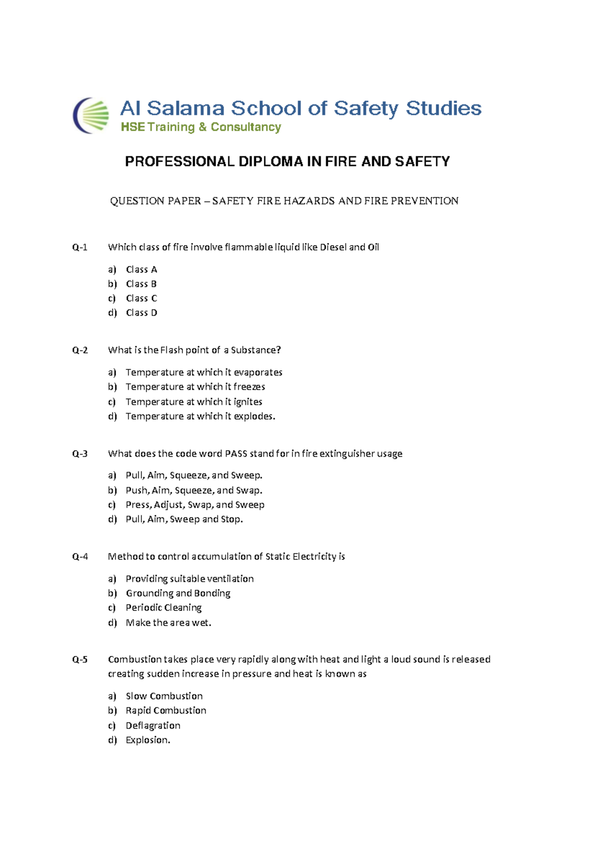 HSE 101: Professional Diploma in Fire & Safety - Question Paper on Fire ...