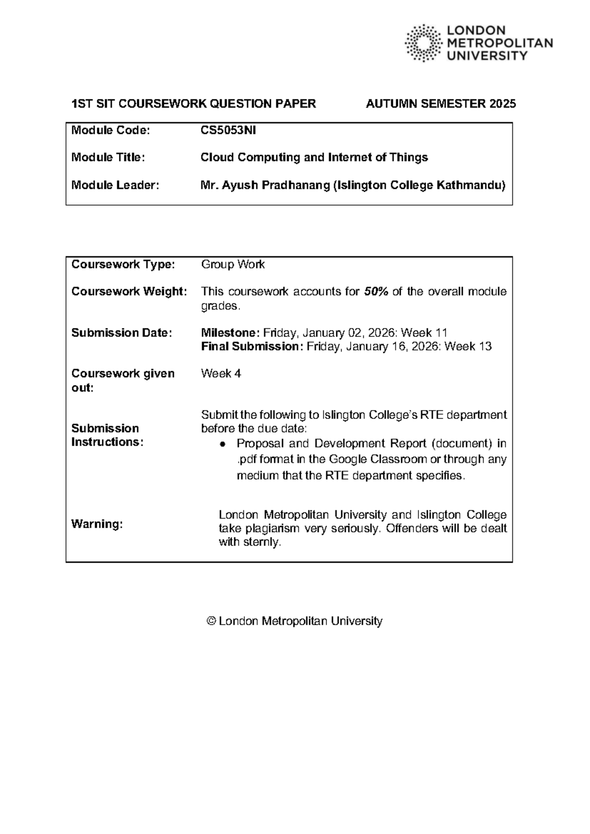 CS5053NI Cloud Computing & IoT Coursework Question Paper AU25 - Studocu