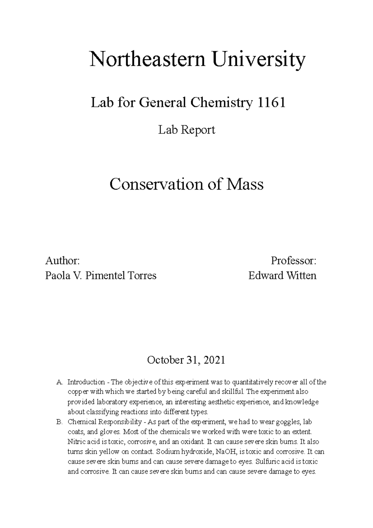 Lab Report 1161 - Conservation of Mass in Copper Recovery Experiment ...