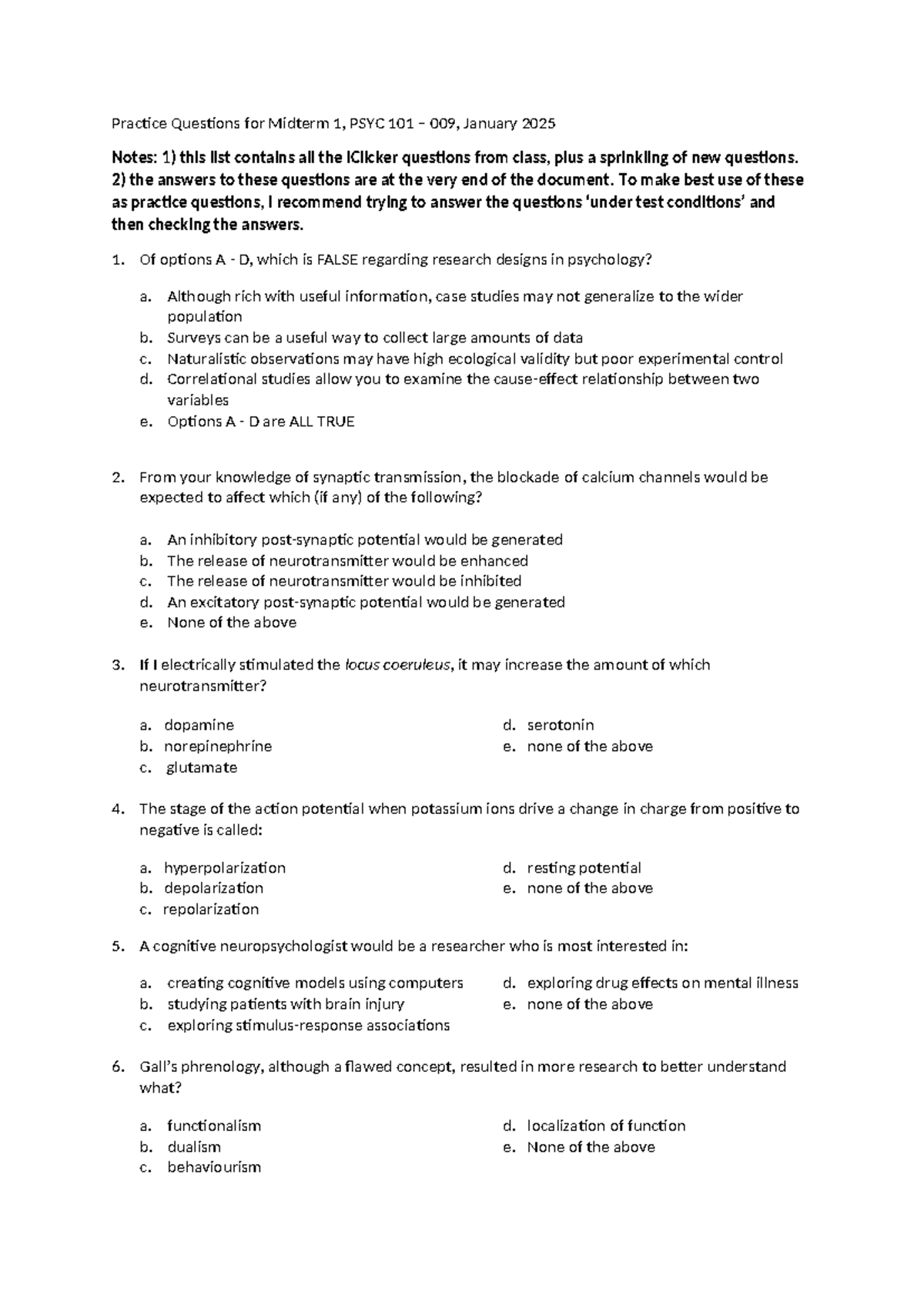 Examples MT1 With Answers - Practice Questions for Midterm 1, PSYC 101 ...