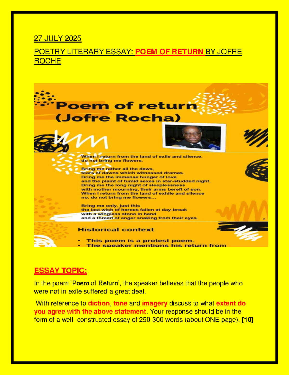 27 JULY 2025 LITERARY ESSAY: ANALYSIS OF "POEM OF RETURN" - Studocu
