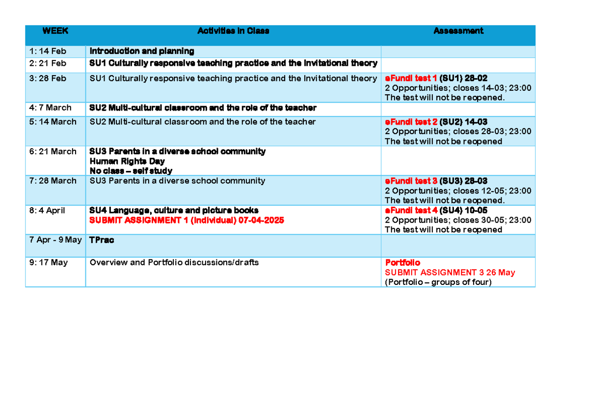 AFAF ENAF SEAF311 Class Week Activities & Assessment Planning 2025 ...