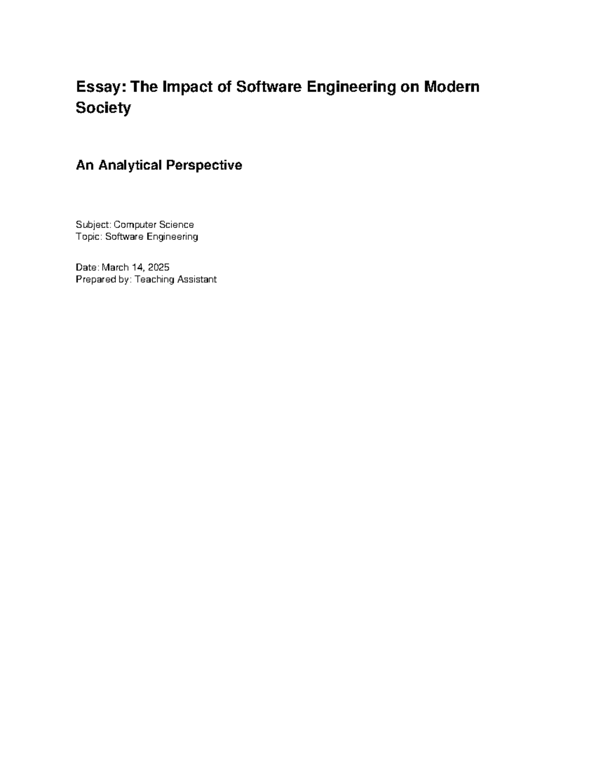 CS 101: Essay on Software Engineering's Impact on Modern Society - Studocu