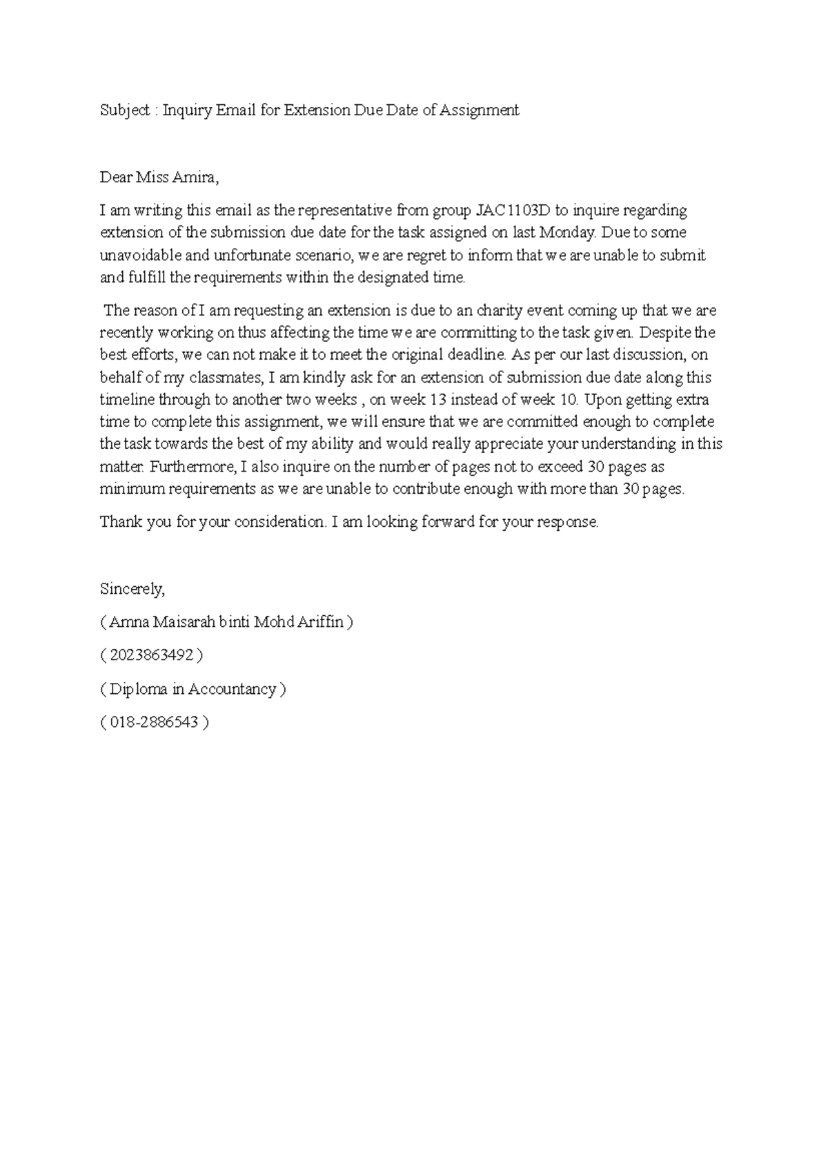 Inquiry Email for Extension of Assignment Due Date - JAC1103D - Studocu