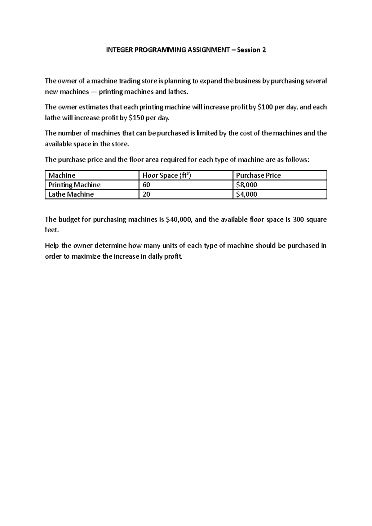 INTEGER PROGRAMMING ASSIGNMENT S2: Maximizing Profit from Machines ...