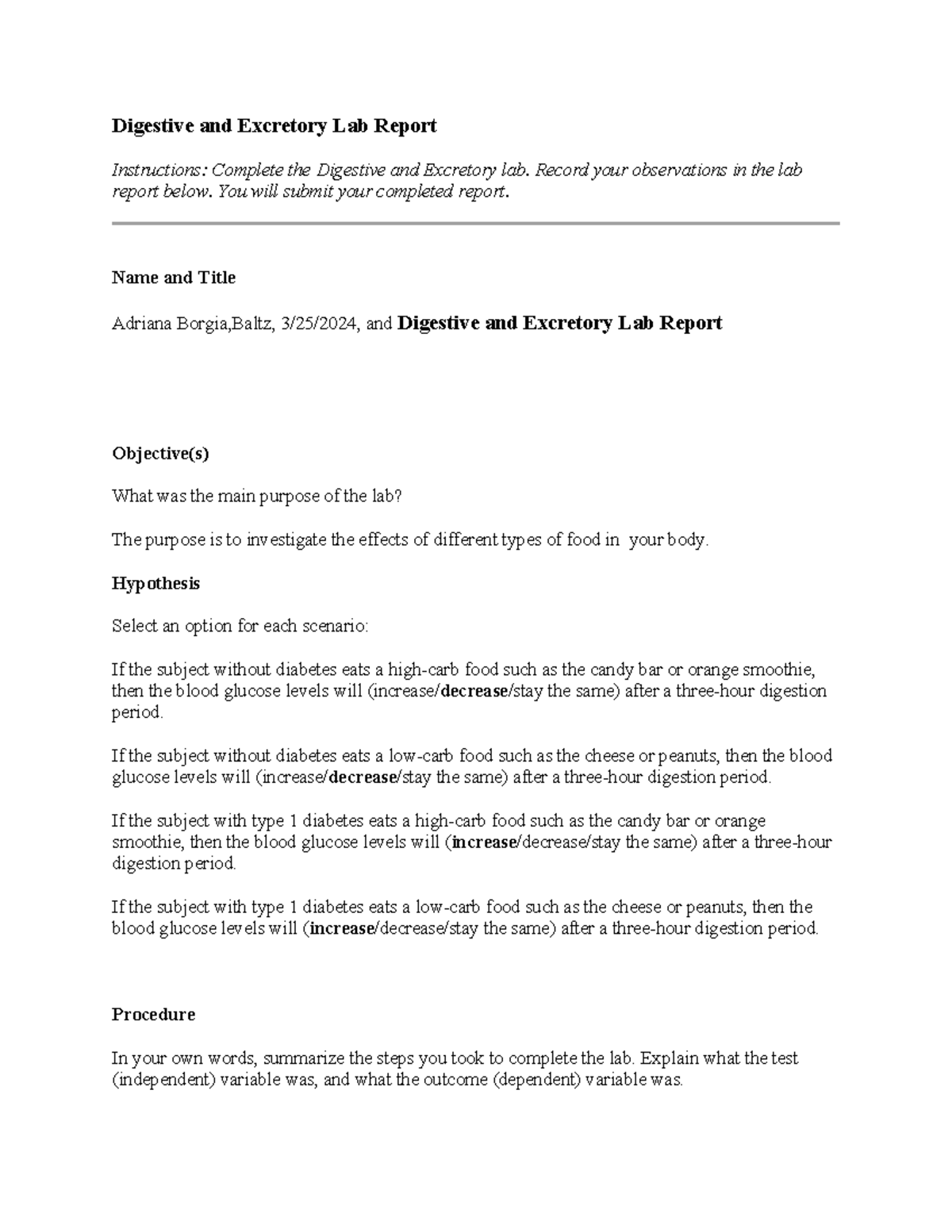 Digestive & Excretory Lab Report - Adriana B (3/25/2024) - Studocu