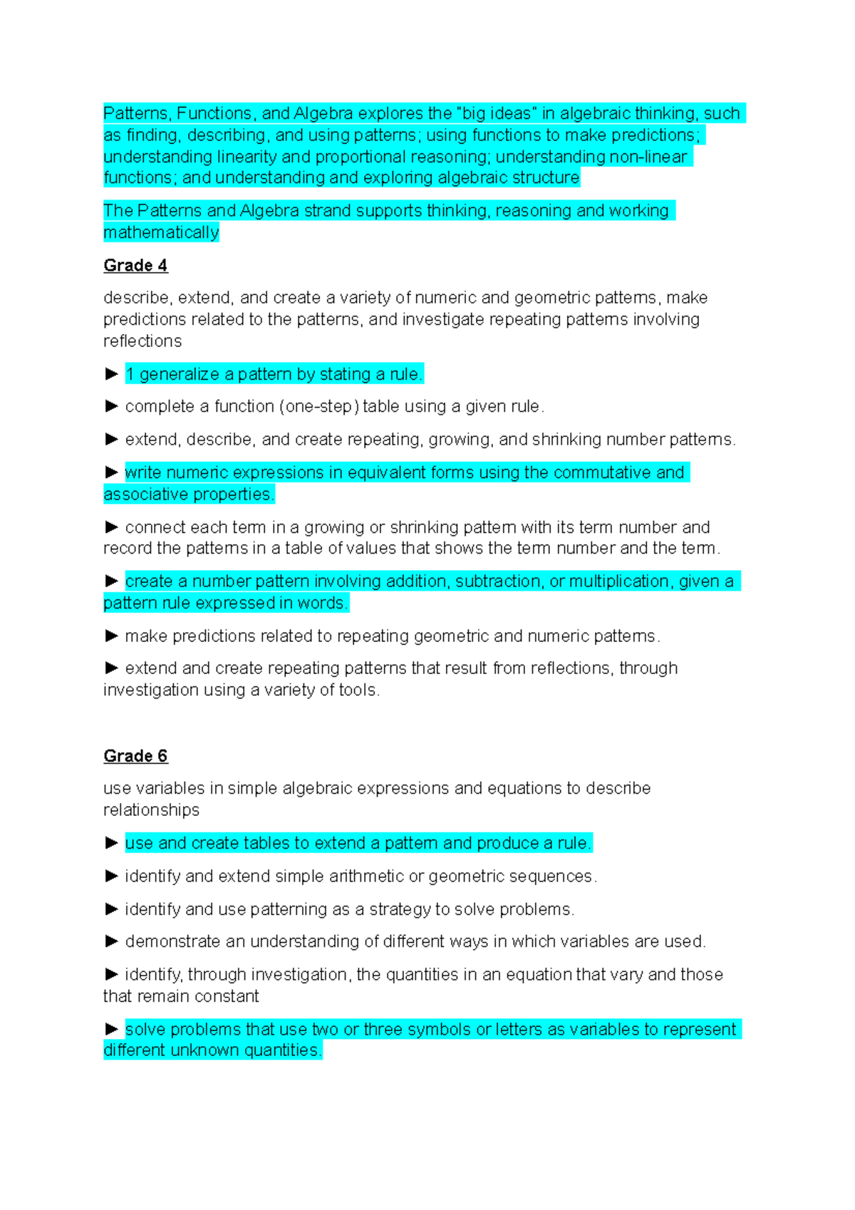 Grade 4 & 6 Patterns, Functions, and Algebra Conceptual Progression ...