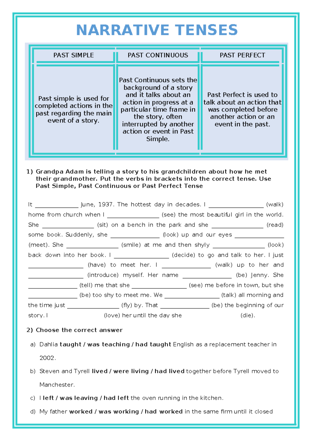 Narrative Tenses Grammar Drills - Course Code 134332 - Studeersnel