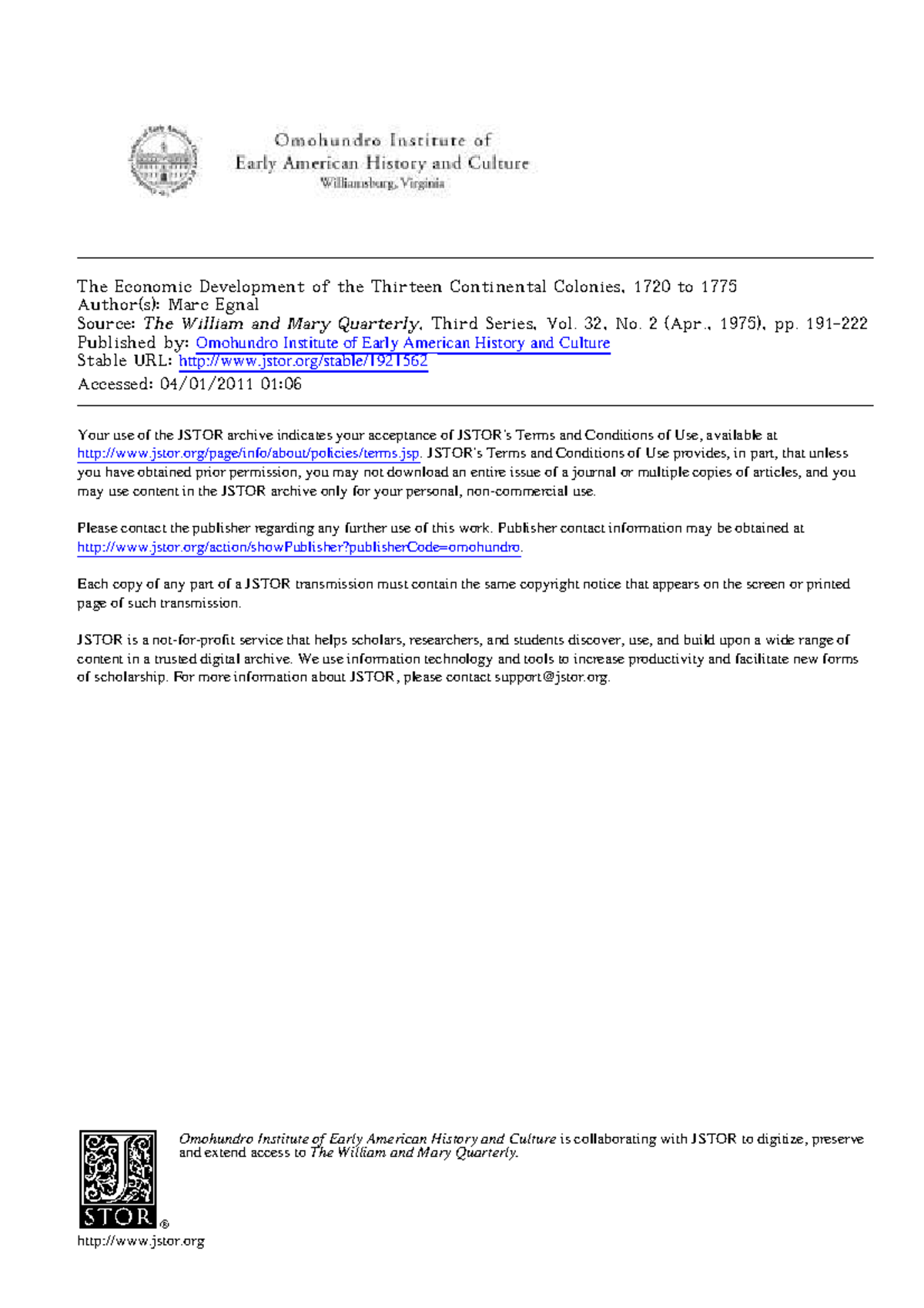 Economic Development of the Thirteen Colonies (HIST 101) Analysis (1720 ...