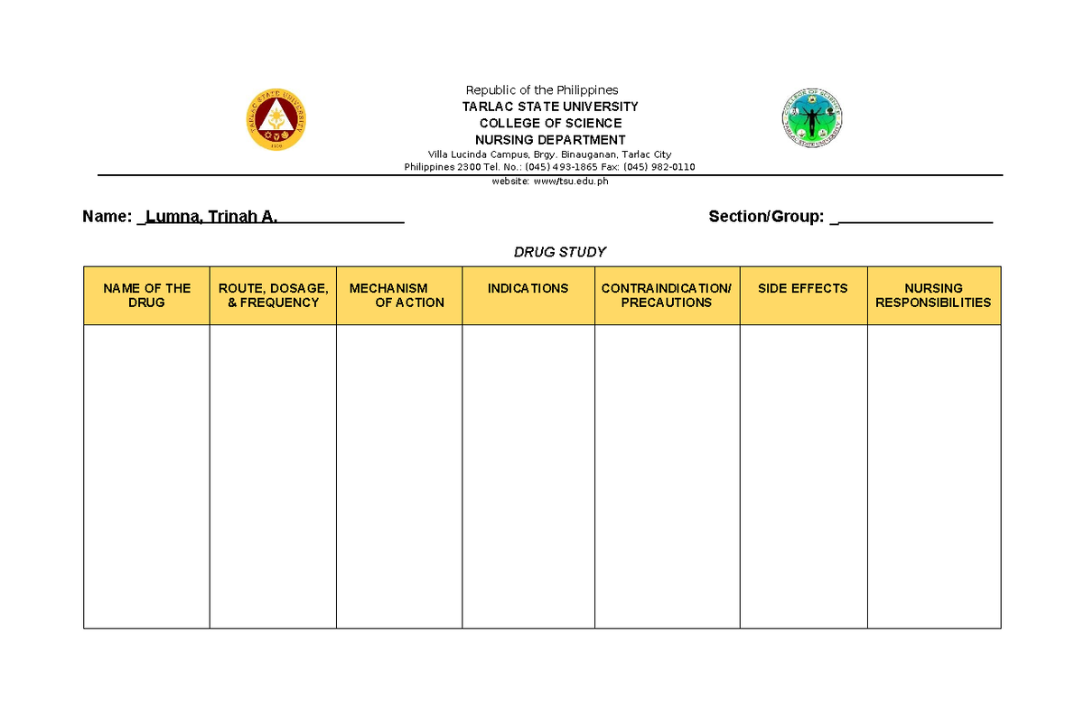 DRUG- Study- Template - Republic of the Philippines TARLAC STATE ...