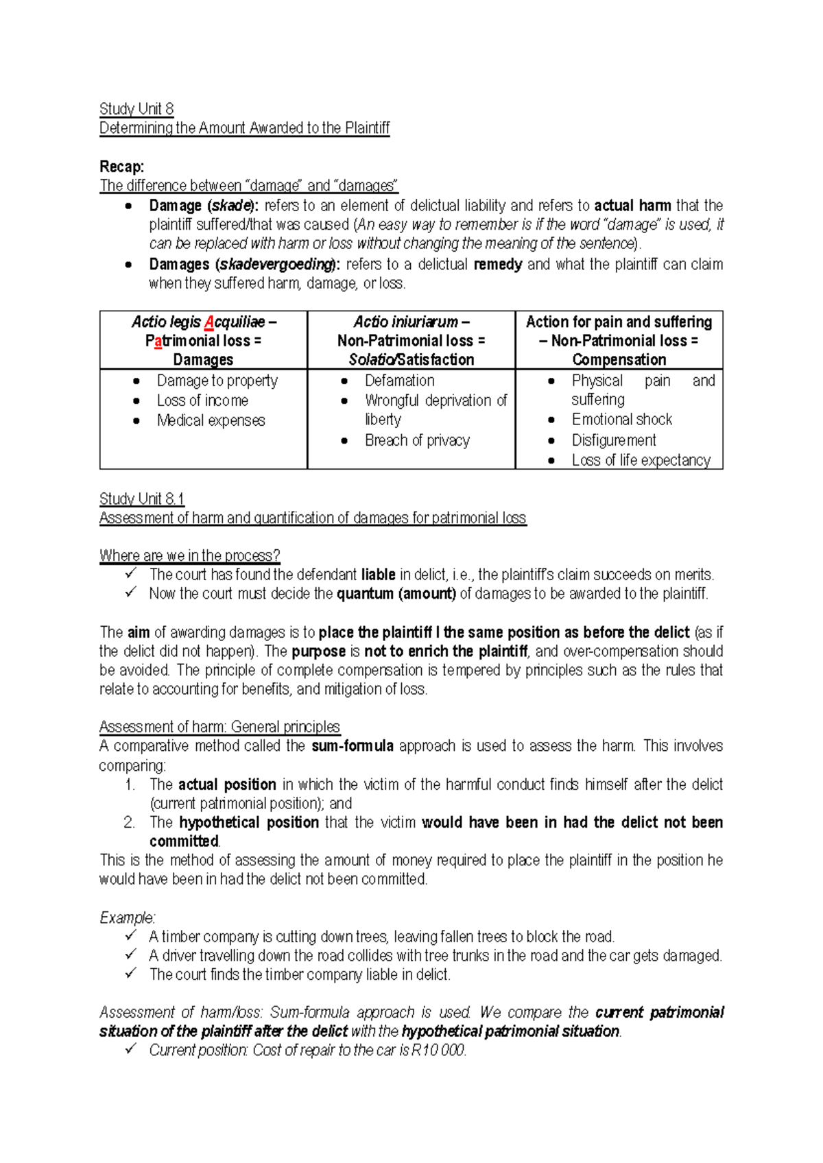 IURI 273 Study Unit 8 - Summary of Damage Assessment Principles - Studocu