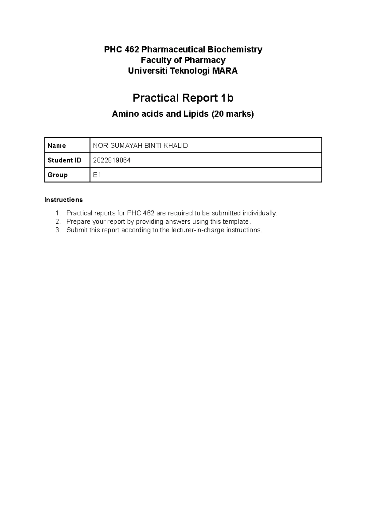 1b PHC462 Pharmaceutical Biochemistry Practical manual - Student copy ...