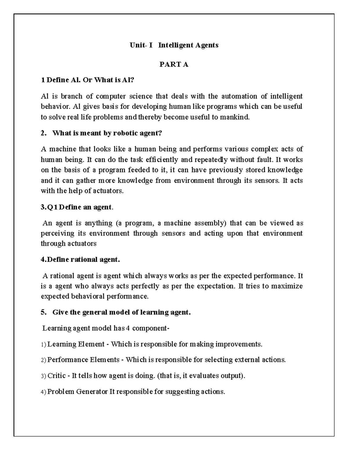 Unit 1 AI Two Mark Questions (CS101) - Studocu