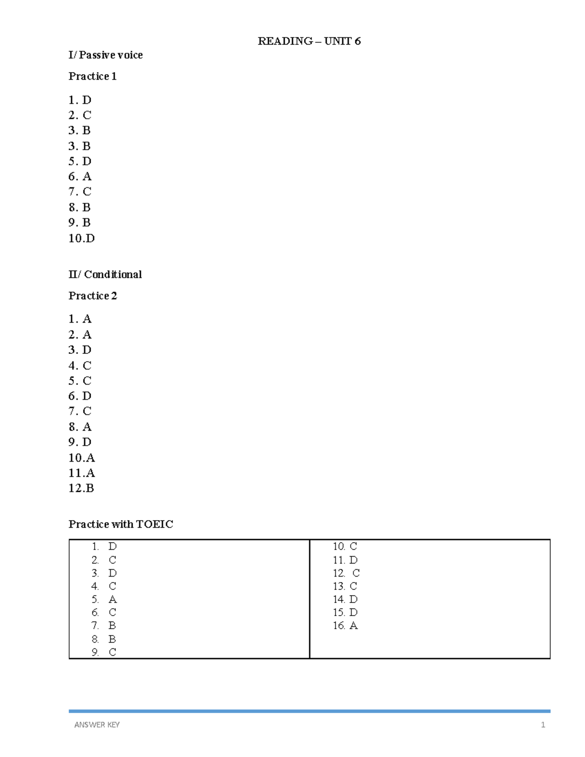Reading Unit 6 - Answer Key for Passive Voice & Conditionals - Studocu