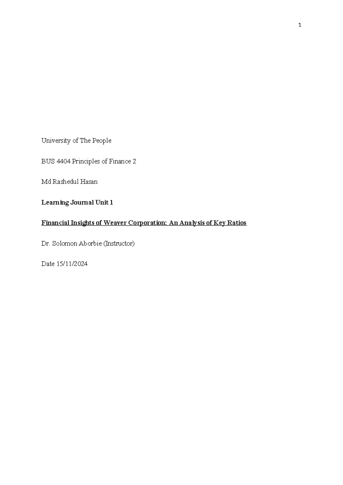 Learning Journal Unit 1 - University of The People BUS 4404 Principles ...