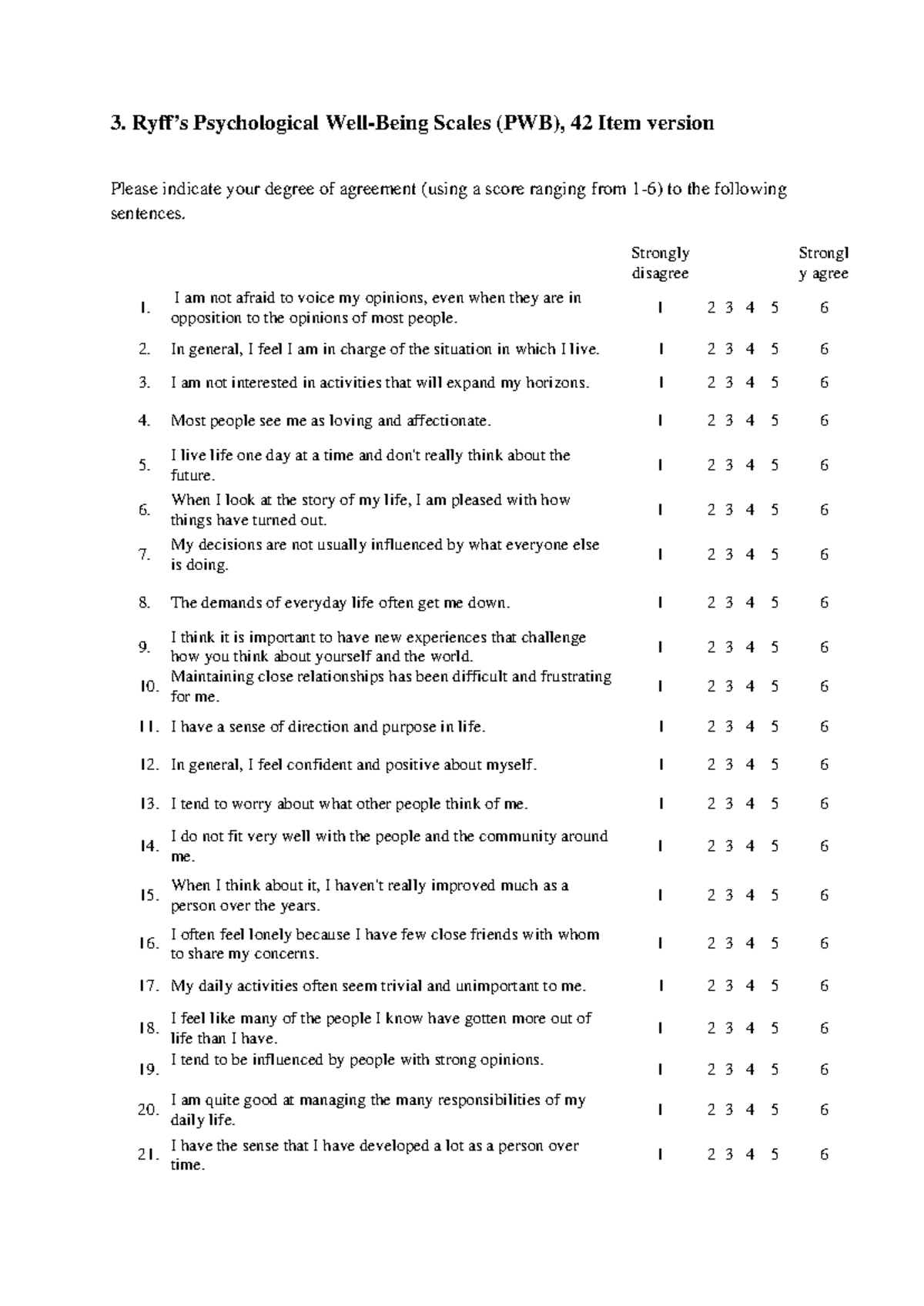 PWB 42-Item Scale: Assessing Psychological Wellbeing - Studocu