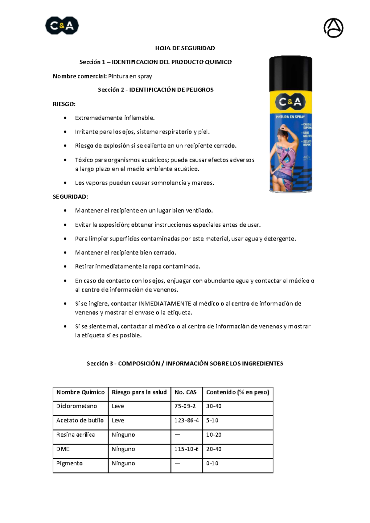 Hoja de Seguridad: Pintura en Spray C&A 2024 - Document Preview