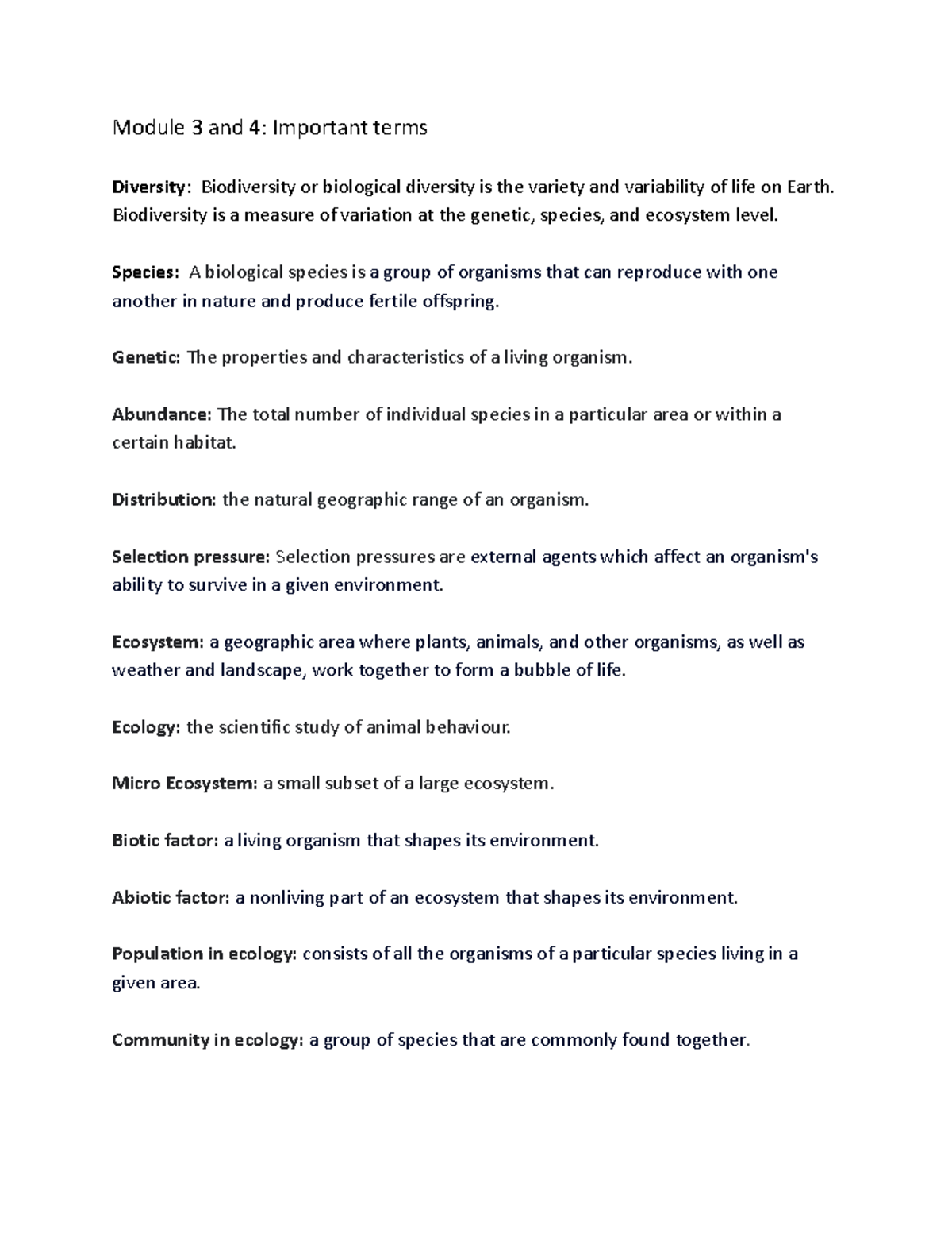 Module 3 & 4: Key Terms in Biology and Biodiversity Concepts - Studocu