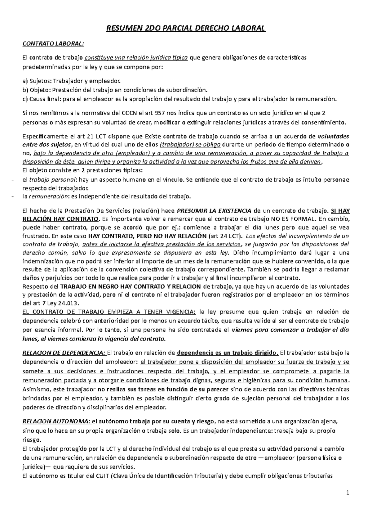 Resumen del 2DO PARCIAL de Derecho Laboral - Clases y Contratos - Studocu