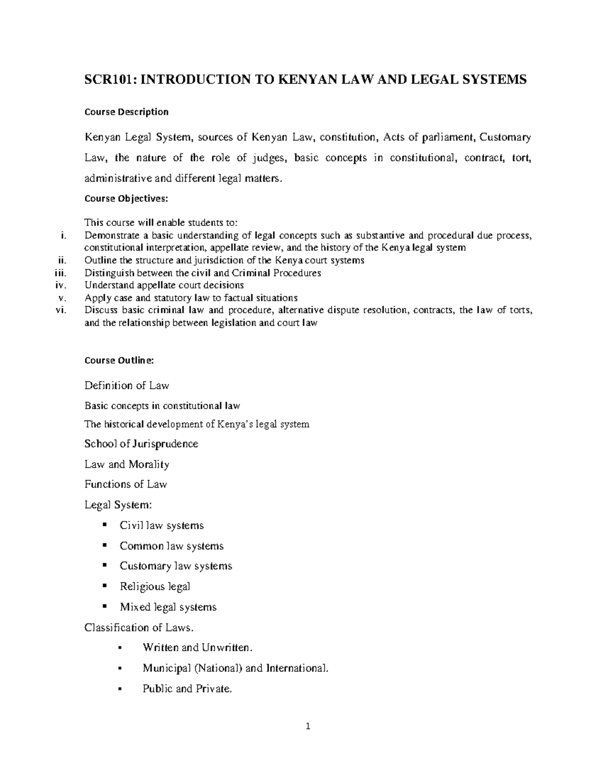 SCR 101 - Overview of Kenyan Law & Legal System Fundamentals - Studocu