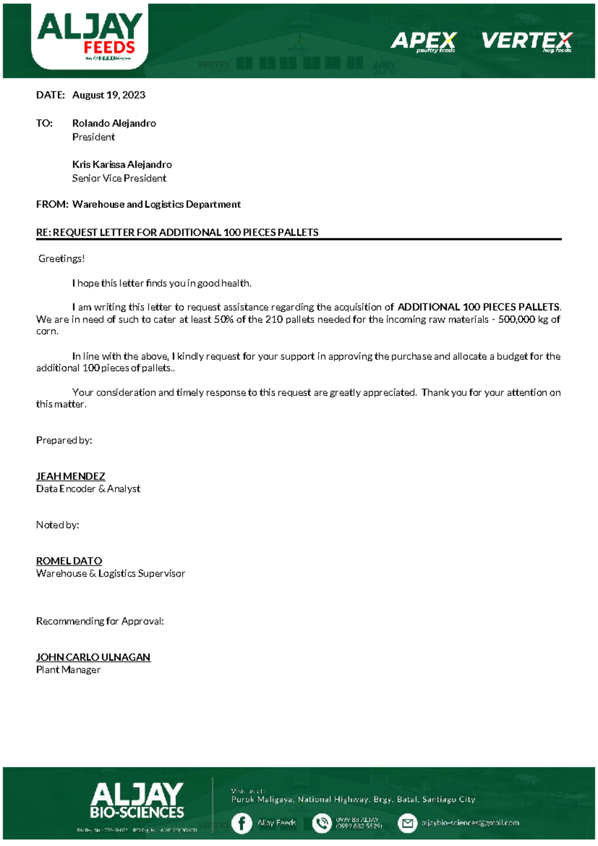 Request Letters for Warehouse & Logistics Dept. - SAF - Studocu