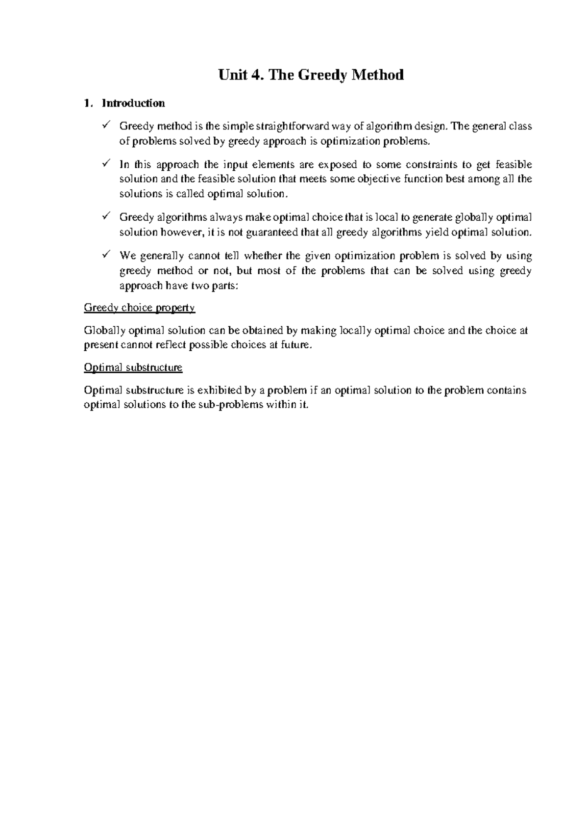 Unit 4: The Greedy Method - Concepts and Applications - Studocu